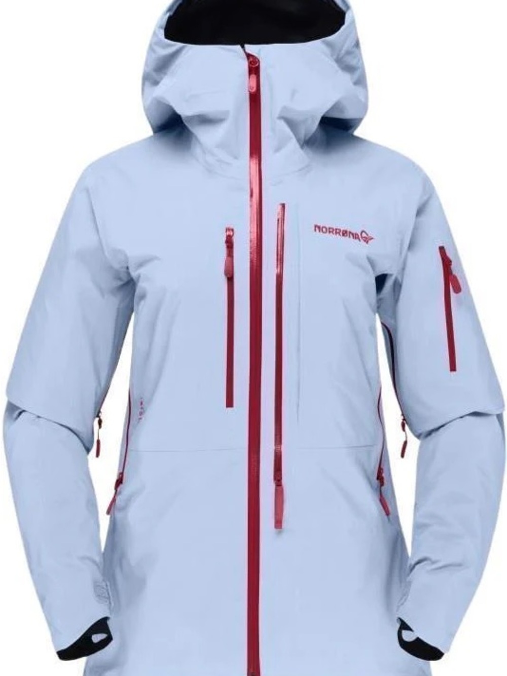 Norrøna Women's Light Blue Waterproof Hooded Ski Jacket with Red Zippers